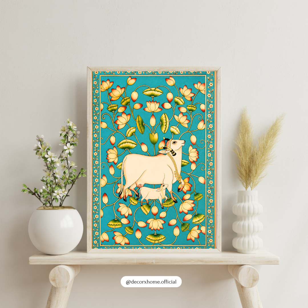 Kamdhenu Sacred Cow Poster | Traditional Indian Folk Art Wall Decor by DecorxHome