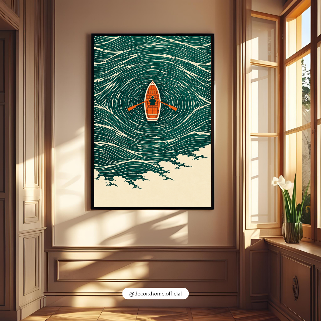 Minimalist Rowing Boat Ocean Wall Art | Blue Wave Poster & Framed Artwork