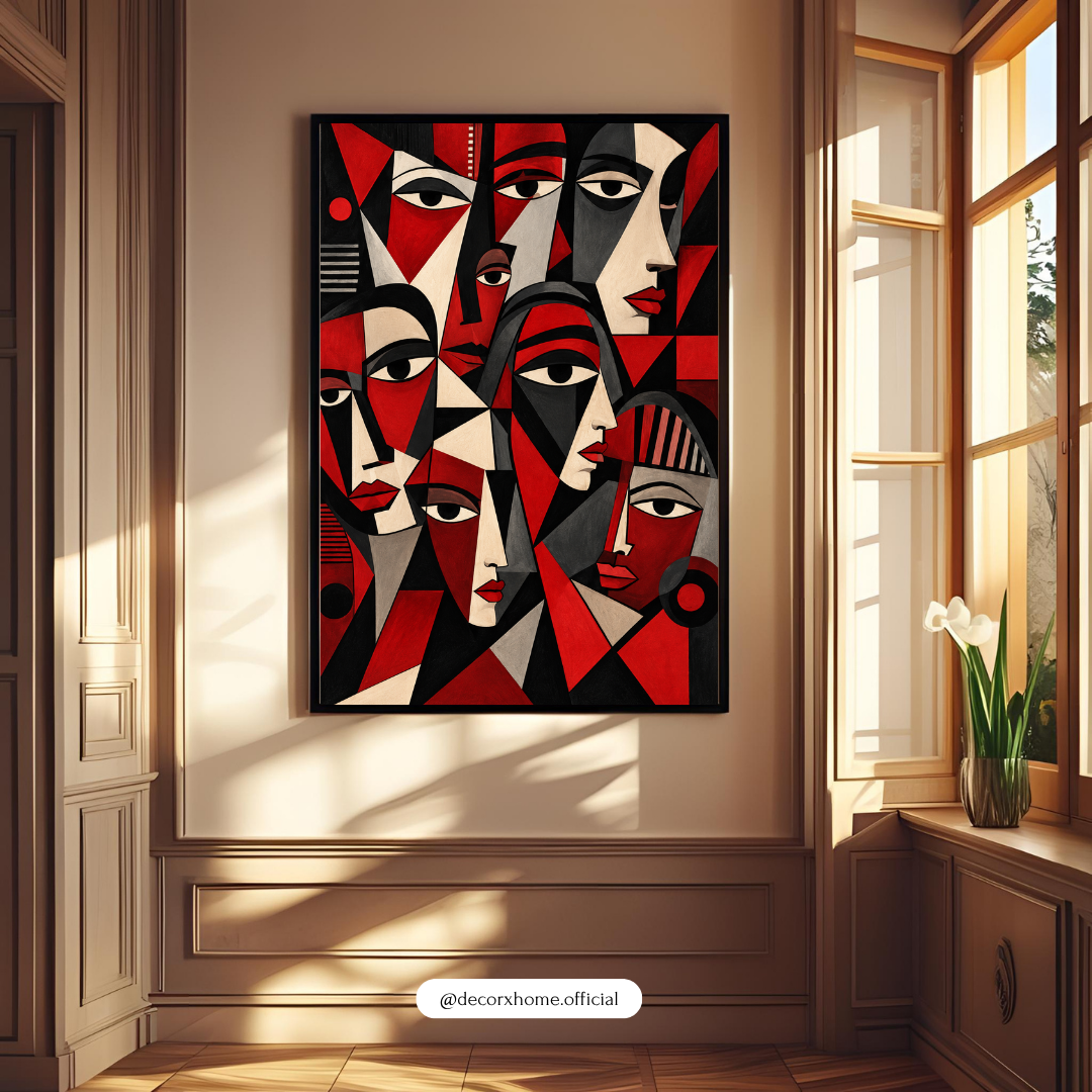 Abstract Cubist Faces Wall Art Poster | Red & Black Geometric Modern Art – Decorxhome