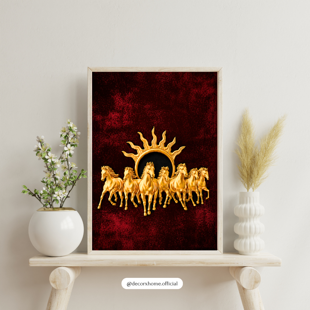 Seven Horses & Rising Sun Poster | Vastu Prosperity Wall Art by DecorxHome