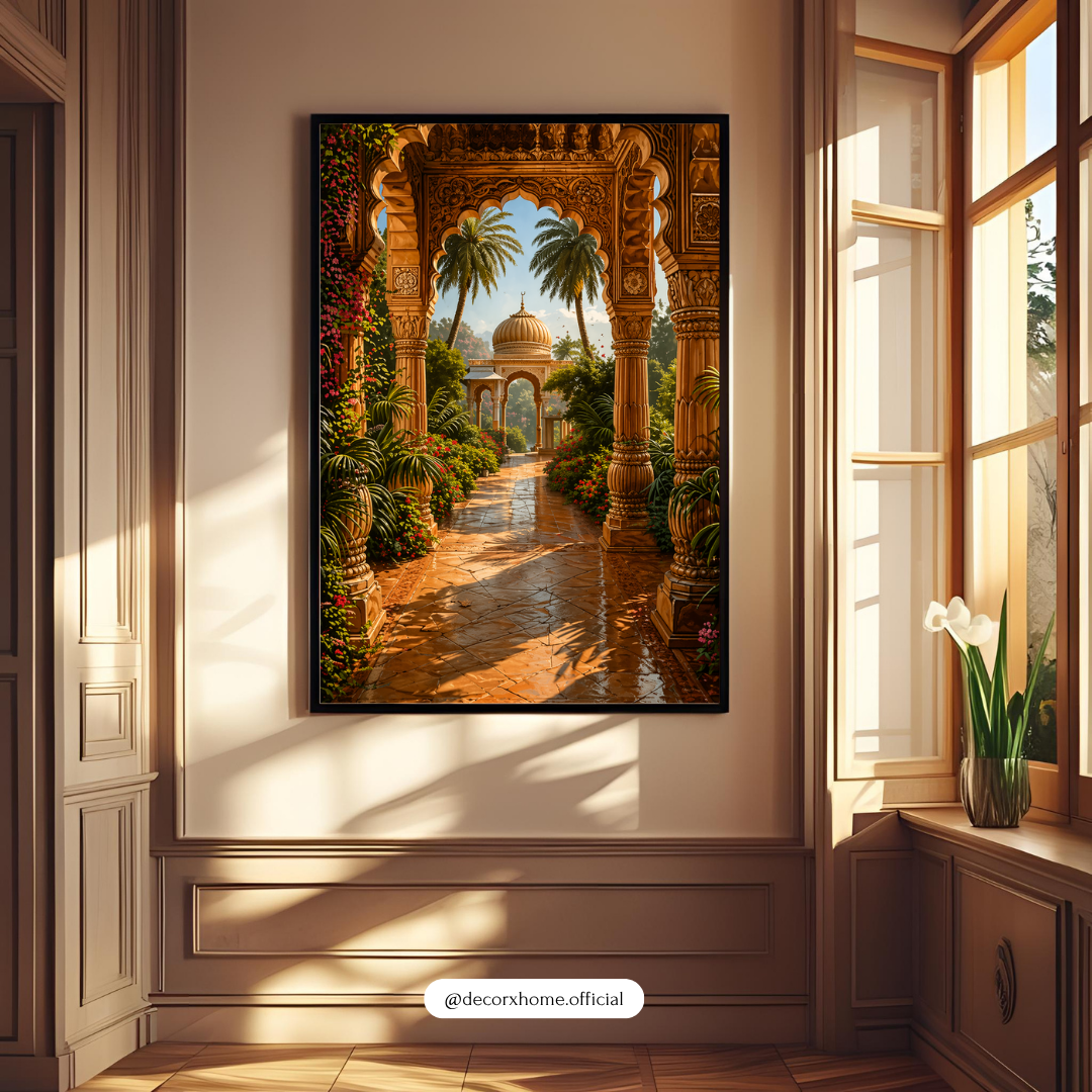 Royal Palace Garden Wall Art Poster – Indian Heritage Architecture Print | Vintage Aesthetic Canvas Decor (Framed)