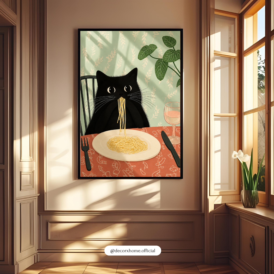 Decorexhome Funny Black Cat Eating Spaghetti Poster | Quirky Cat Wall Art