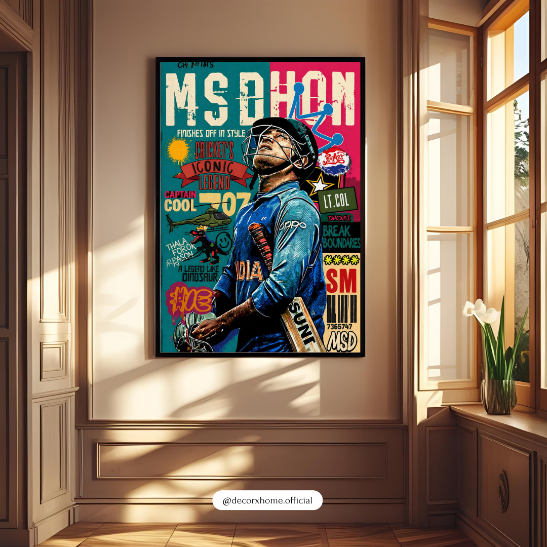 MS Dhoni Pop Art Poster with Frame – Captain Cool Cricket Legend Wall Decor for Bedroom & Gaming Room