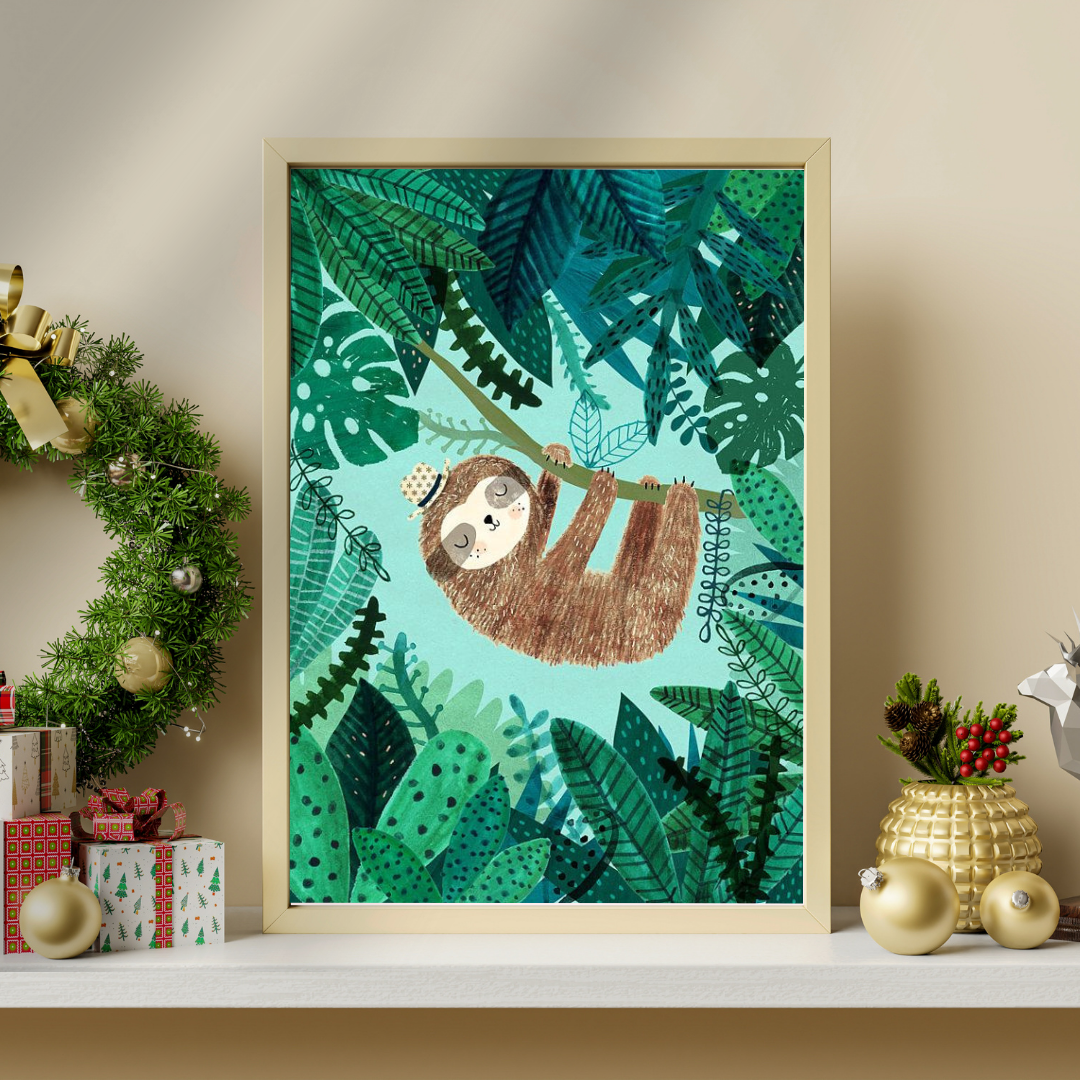 Sleepy Sloth in the Jungle Framed Poster | Whimsical Kids Wall Art by Decorxhome