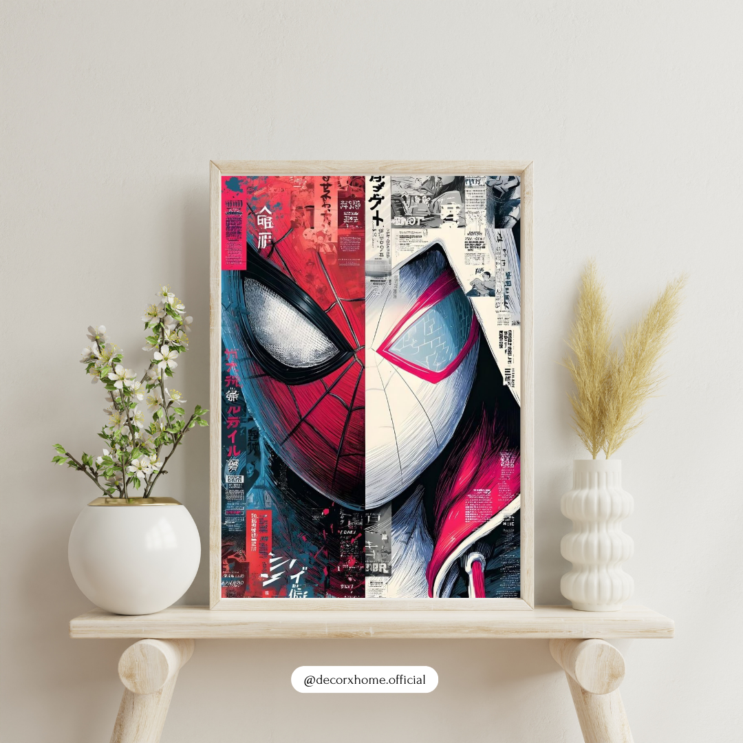 Spiderman & Spider Gwen Dual Masked Hero Art Poster – Vibrant Split Comic-Style Wall Decor