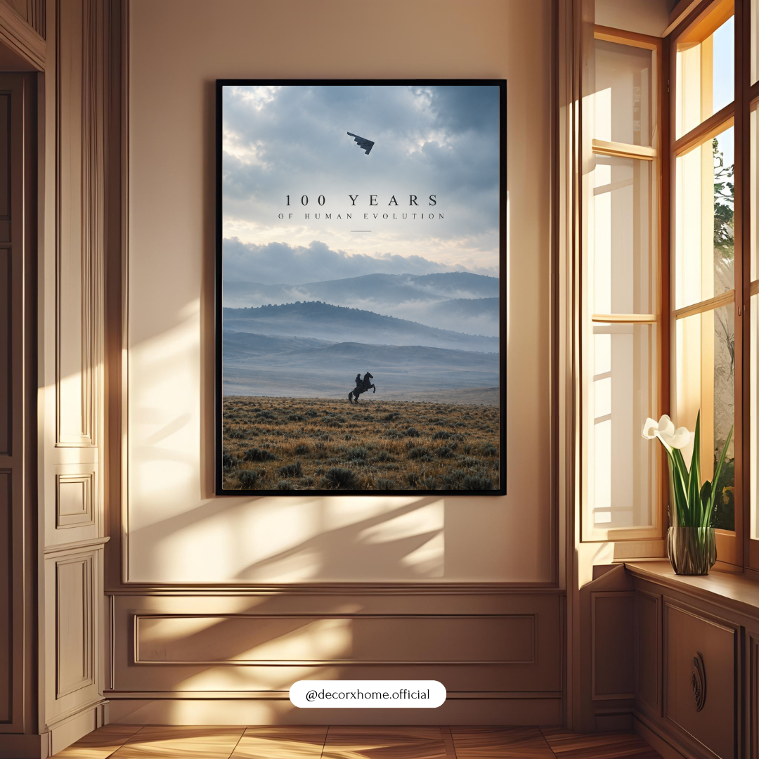 100 Years of Human Evolution Wall Art Poster | Minimalist Mountain Landscape & Lone Rider – Decorxhome