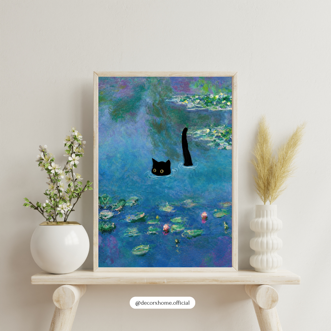 Black Cat Water Lily Poster | Dreamy Impressionist Wall Art Print | Artistic Cat Decor | Decorexhome