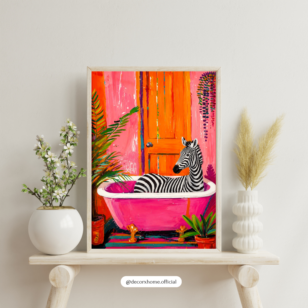 Colorful Zebra Bathtub Poster | Whimsical Animal Bathroom Wall Art | Modern Pop Art Print | Decorexhome