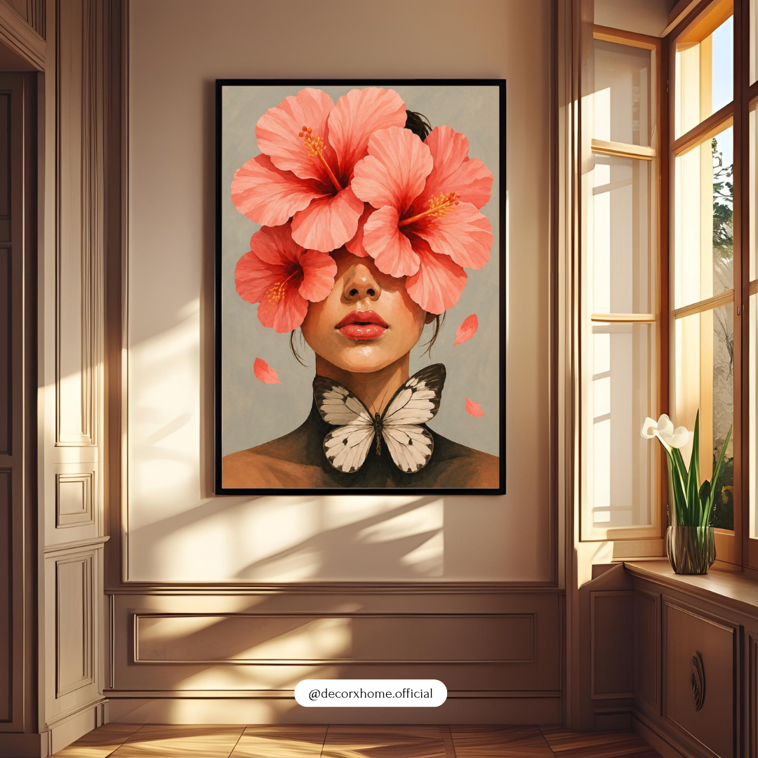 Floral Face Abstract Wall Art Poster – Modern Woman with Hibiscus Flowers & Butterfly | Aesthetic Minimal Art for Bedroom, Living Room & Studio Decor | Decorxhome