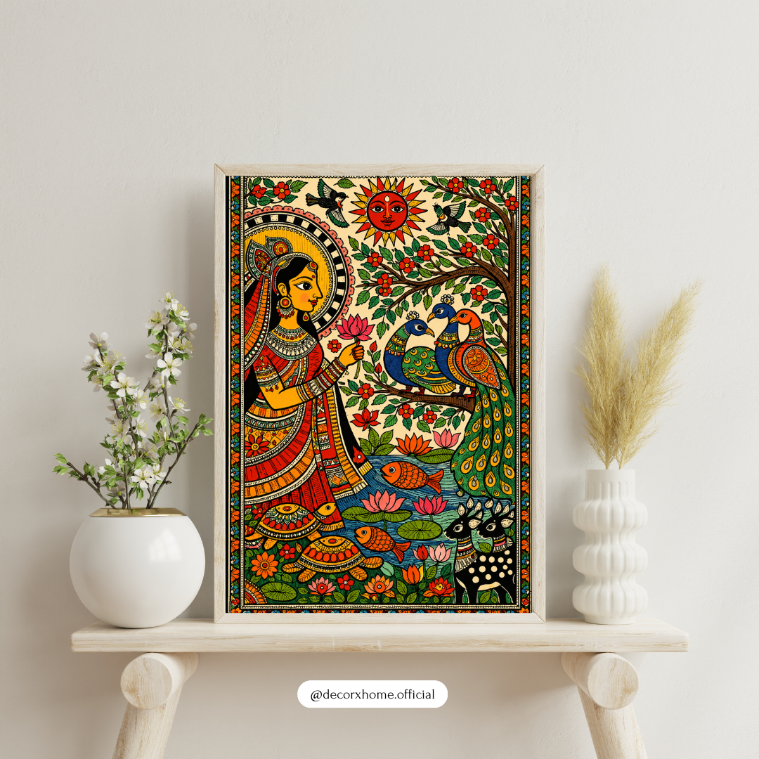 Decorxhome Traditional Madhubani Folk Art Poster | Indian Heritage Wall Art | Peacock & Lotus Artwork | Colorful Cultural Canvas Print