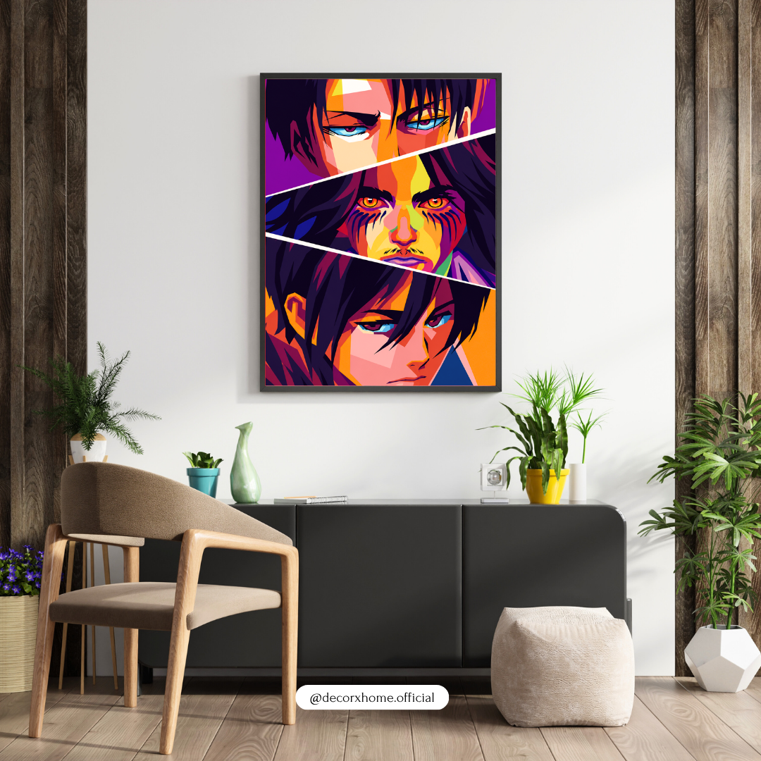Attack on Titan Levi, Eren & Titan Pop Art Poster | Vibrant Anime Wall Art Print | Decorxhome