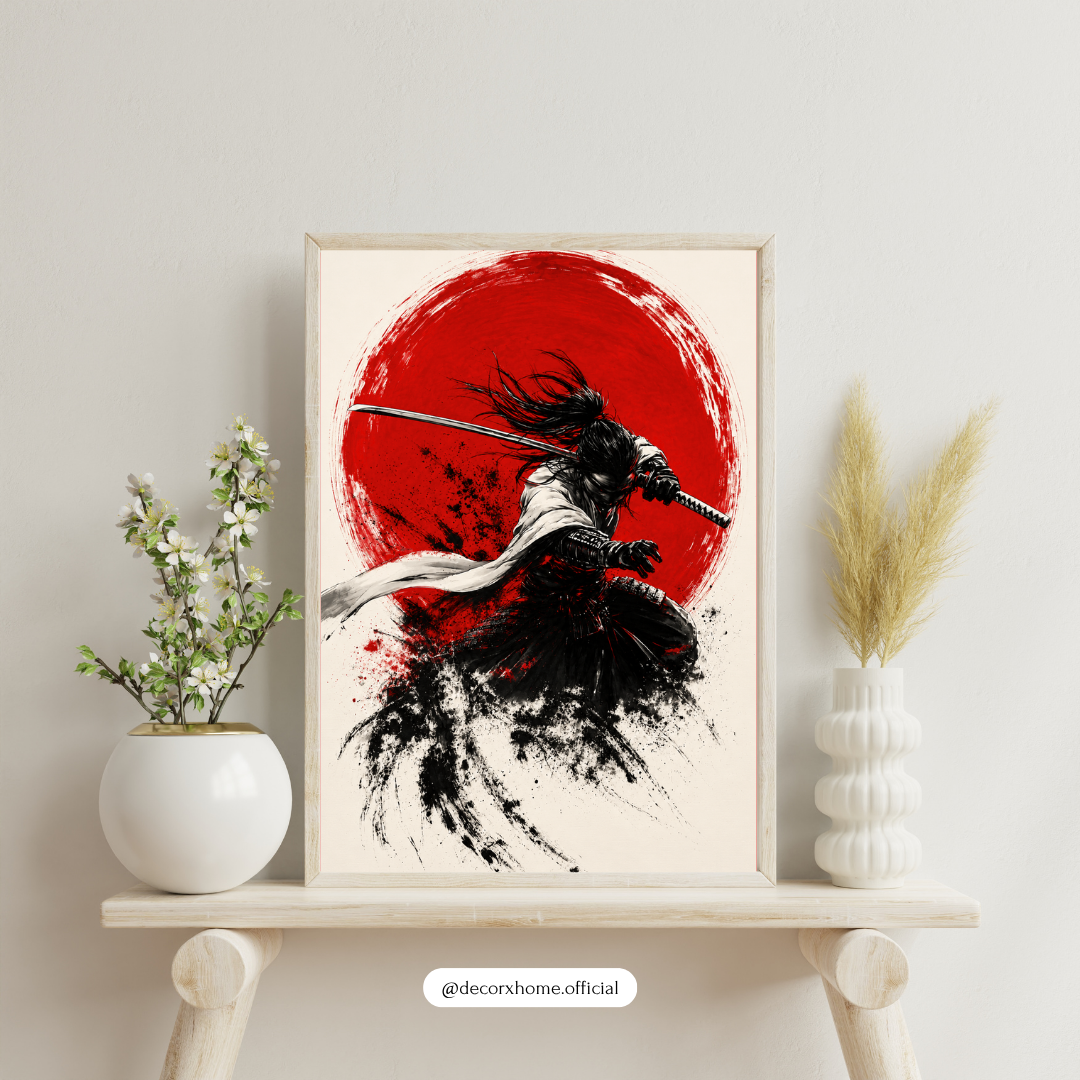 Crimson Eclipse Samurai Poster – Japanese Ink Art Wall Decor
