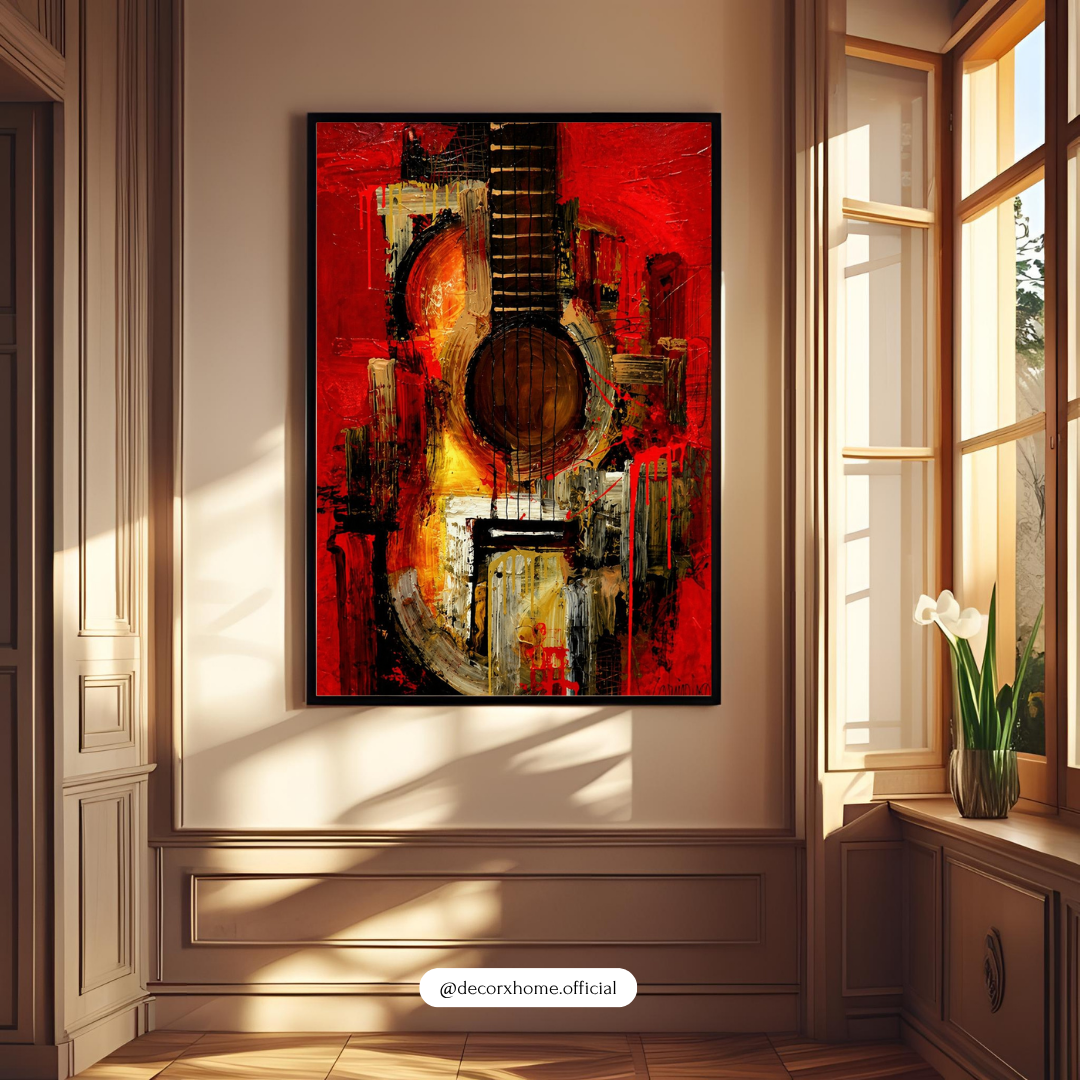 Abstract Guitar Wall Art Poster – Modern Music Inspired Canvas | Bold Red Artistic Guitar Painting for Living Room, Studio & Office Decor | Decorxhome