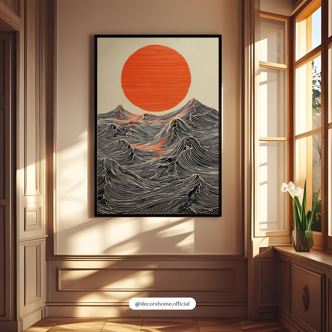 Japanese Red Sun & Ocean Waves Poster – Minimalist Japanese Landscape Wall Art | Decorxhome