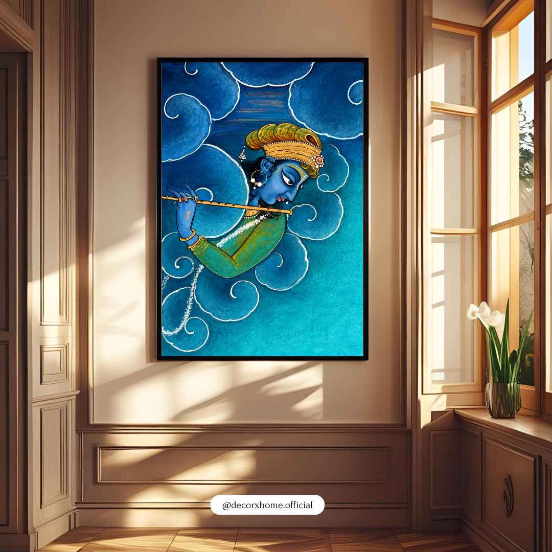 Divine Krishna Playing Flute Wall Art | Blue Krishna Poster & Framed Artwork