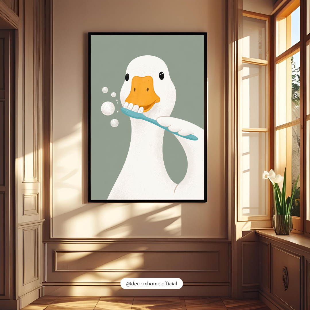 Brushing Duck Poster | Cute Bathroom Duck Wall Art for Modern & Kids Decor – Decorxhome