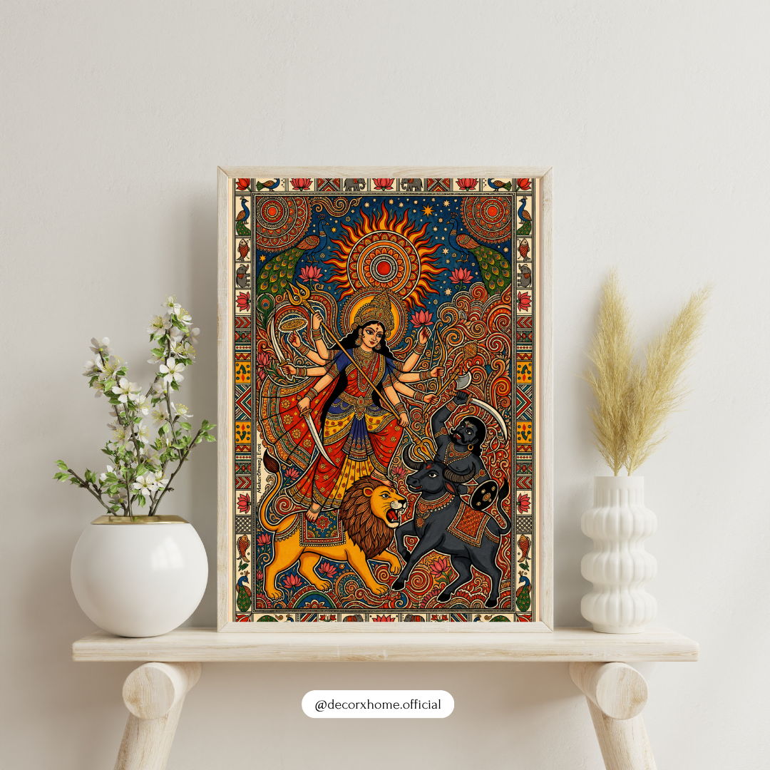 Goddess Durga Traditional Folk Art Wall Poster | Vibrant Indian Spiritual Decor