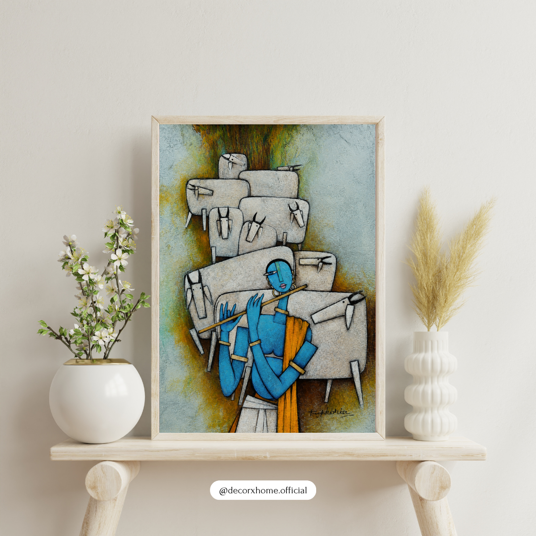 Krishna the Divine Shepherd Poster | Spiritual Indian Art Wall Decor by DecorxHome
