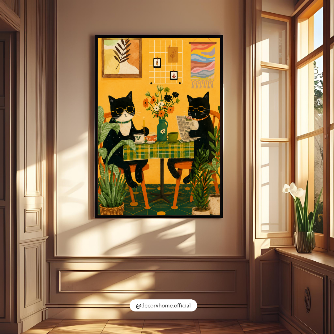 Cozy Café Cats Wall Art Poster | Cute Cat Kitchen & Coffee Artwork | Whimsical Boho Animal Print | Decorexhome