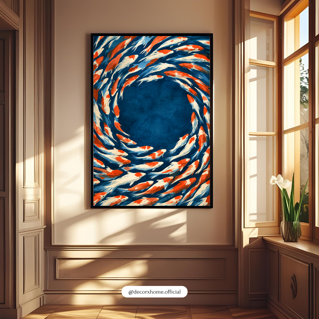 Koi Fish Swirl Wall Art | Japanese-Inspired Blue & Orange Fish Poster | Decorxhome