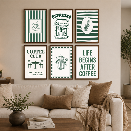 Coffee Club Poster Set | Vintage Café Kitchen Wall Art (Set of 6) by Decorxhome