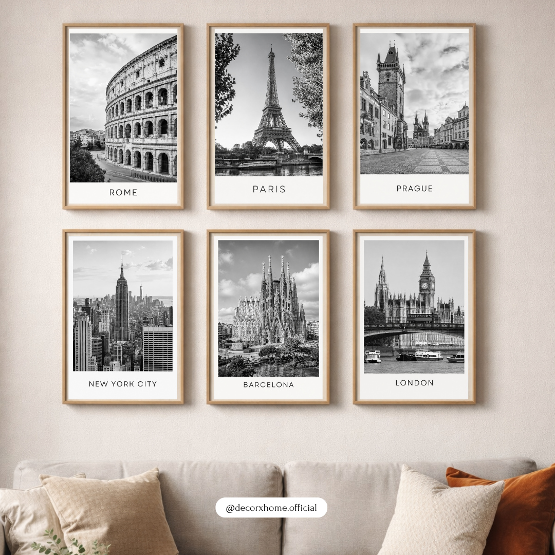 European Cityscape Black & White Framed Poster Set – Rome, Paris, Prague, New York, Barcelona & London