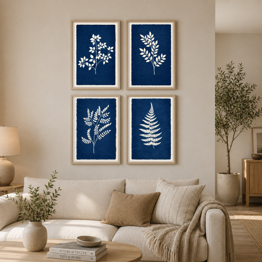 Indigo Botanical Cyanotype Poster Set | Minimalist White Fern & Leaf Wall Art Collection | Decorxhome