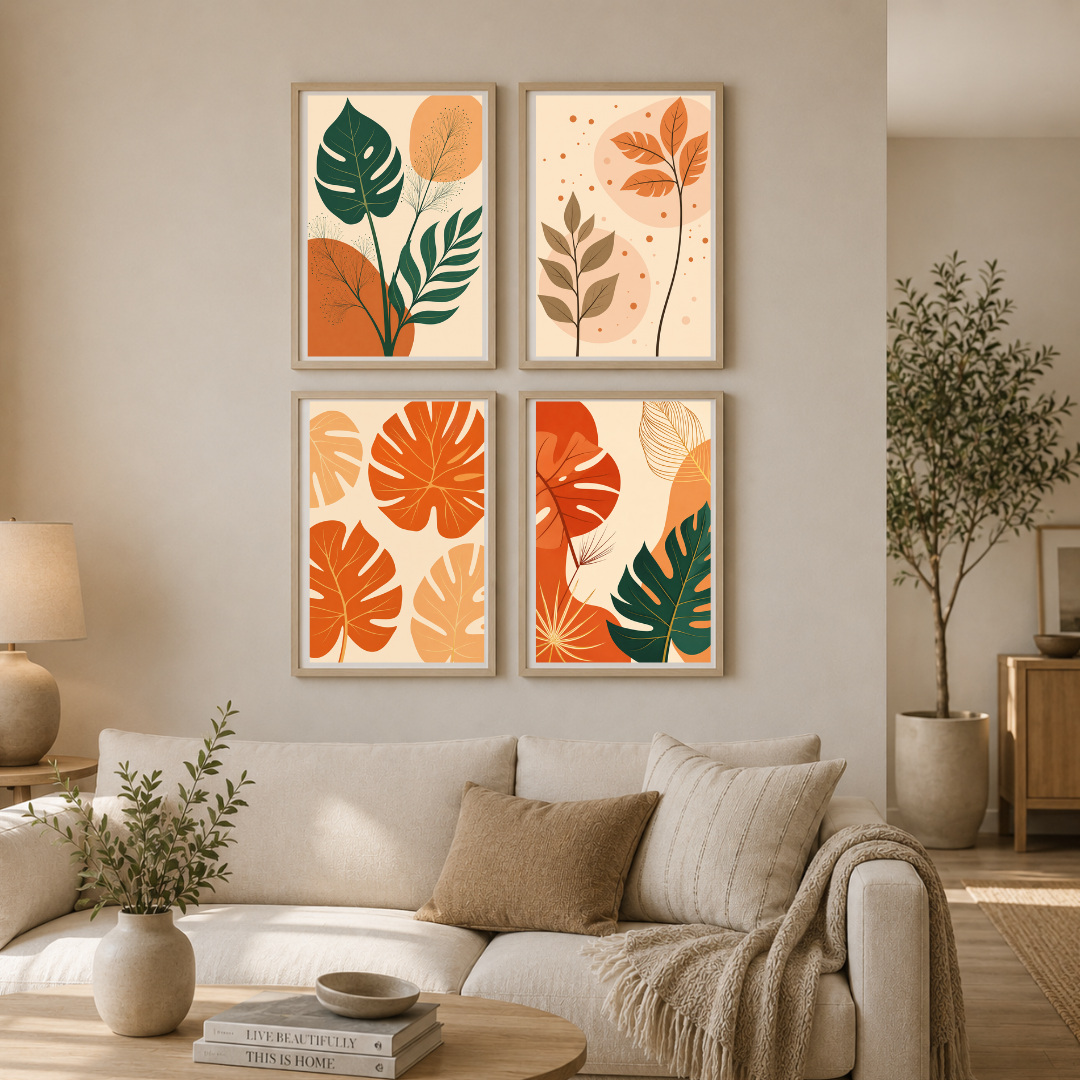 Modern Tropical Botanical Poster Set | Warm Terracotta & Green Leaf Abstract Wall Art Collection | Decorxhome