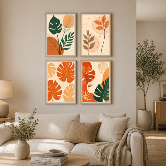 Modern Tropical Botanical Poster Set | Warm Terracotta & Green Leaf Abstract Wall Art Collection | Decorxhome