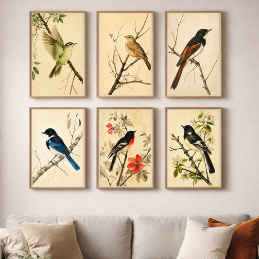 Vintage Bird Study Poster Set | Botanical Bird Wall Art Collection (Set of 6) by Decorxhome