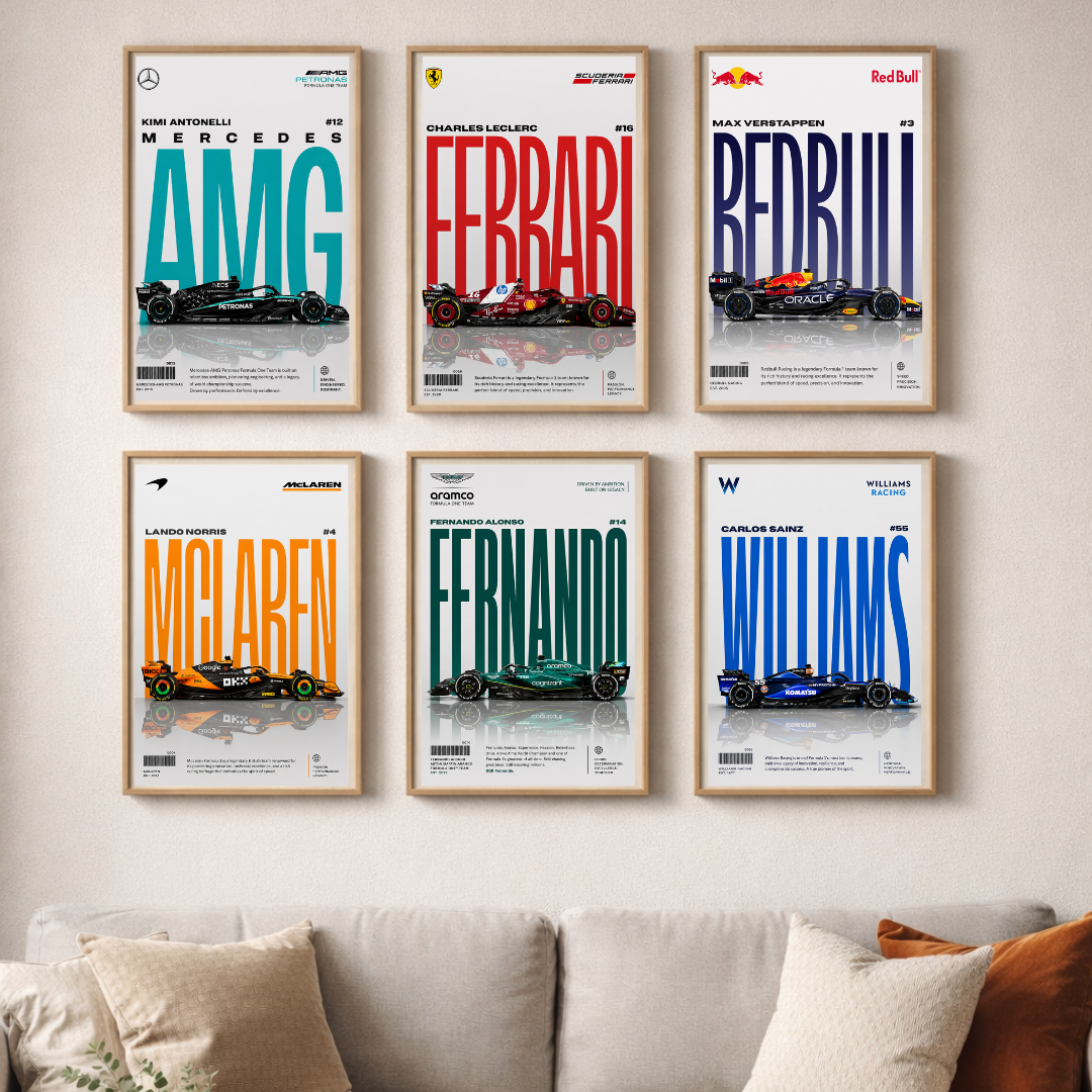 Formula 1 Legends Poster Set | Modern F1 Racing Team Wall Art (Set of 6) by Decorxhome