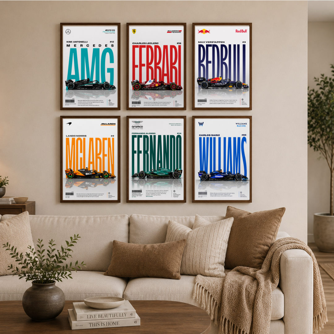 Formula 1 Legends Poster Set | Modern F1 Racing Team Wall Art (Set of 6) by Decorxhome