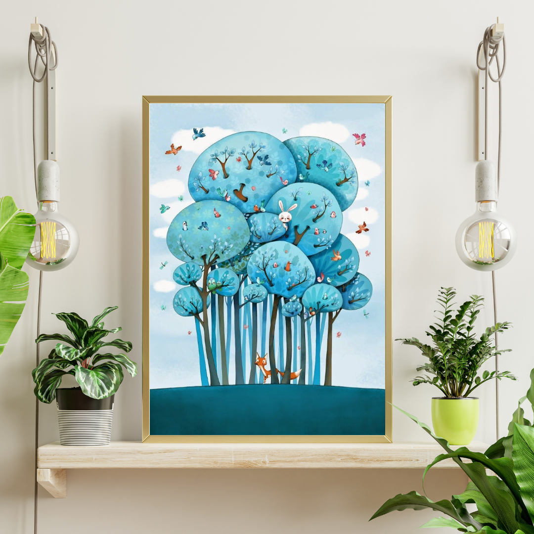 Enchanted Blue Forest Framed Poster | Whimsical Nature Art Wall Décor by Decorxhome