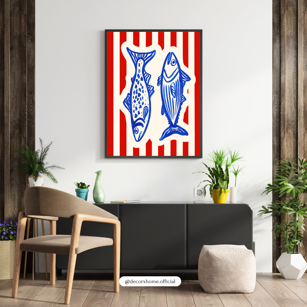 Blue Coastal Fish Line Art Poster | Scandinavian Nautical Wall Art | Decorexhome