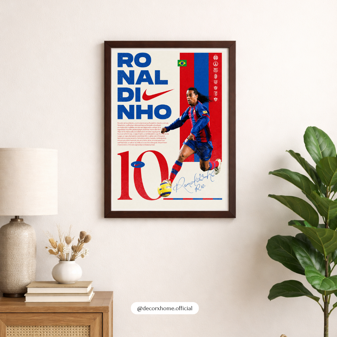 Ronaldinho Football Legend Poster with Frame – Retro Sports Wall Art for Bedroom & Gaming Room