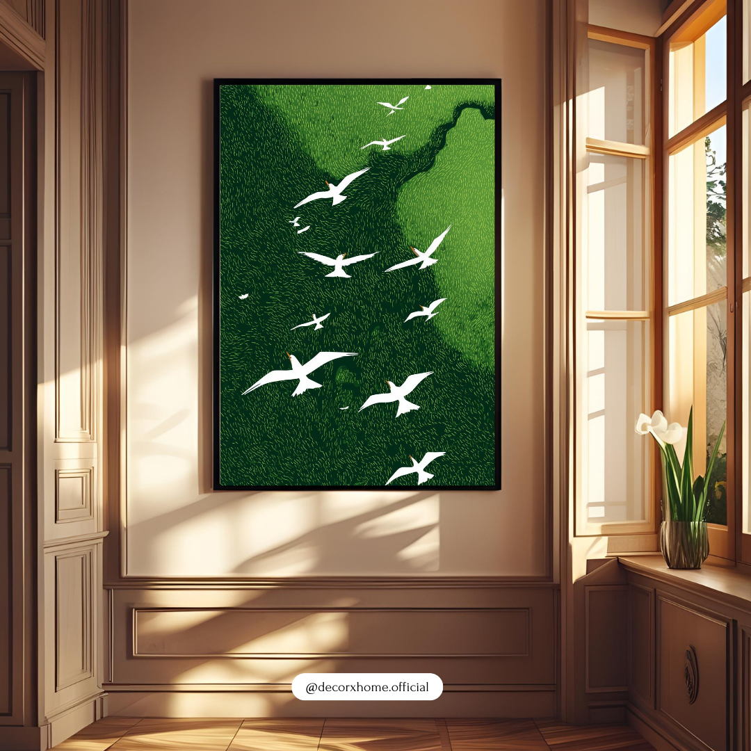 Soaring Birds Over Green Valley – Minimal Nature Wall Poster by Decorxhome