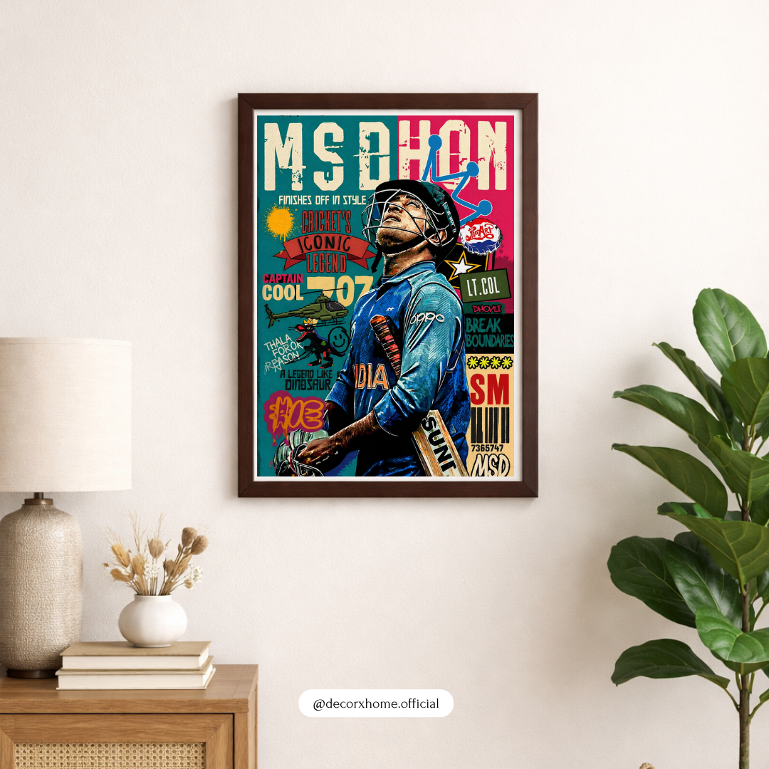 MS Dhoni Pop Art Poster with Frame – Captain Cool Cricket Legend Wall Decor for Bedroom & Gaming Room