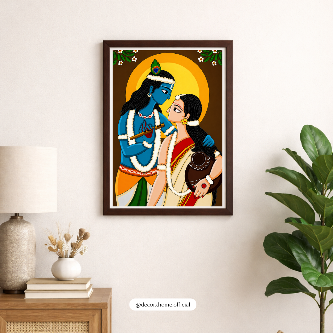 Radha Krishna Divine Love Wall Art Poster – Traditional Indian Folk Style Spiritual Painting | Decorxhome