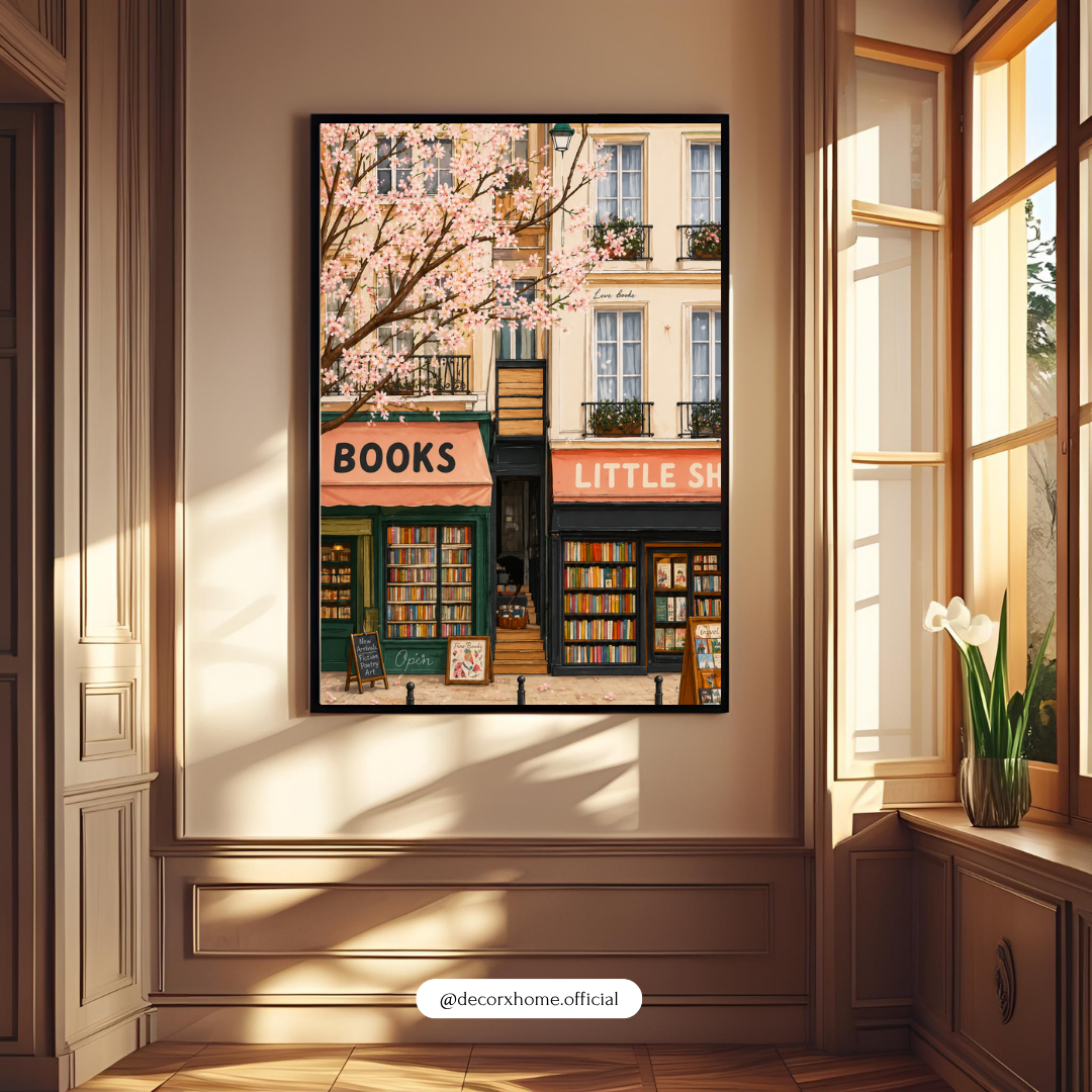 Little Bookshop in Bloom Poster – Springtime Literary Street Wall Art