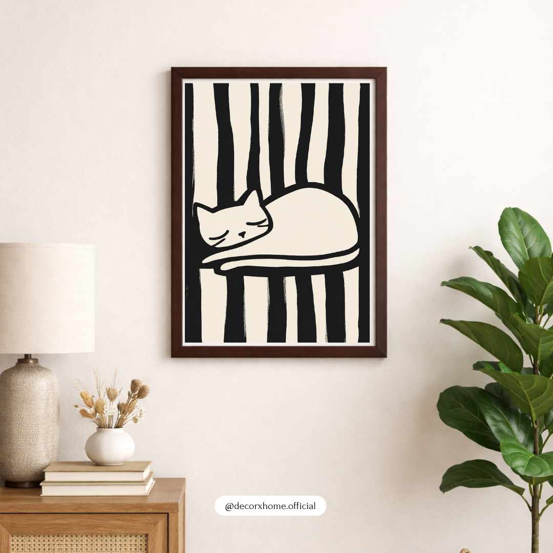 Minimal Sleeping Cat Wall Art Poster – Black & White Abstract Line Art Print | Cute Aesthetic Pet Decor for Bedroom & Living Room | Decorxhome