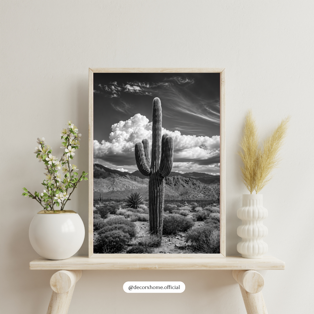 DecorexHome Black & White Cactus Desert Wall Art Poster | Minimalist Botanical Photography Decor