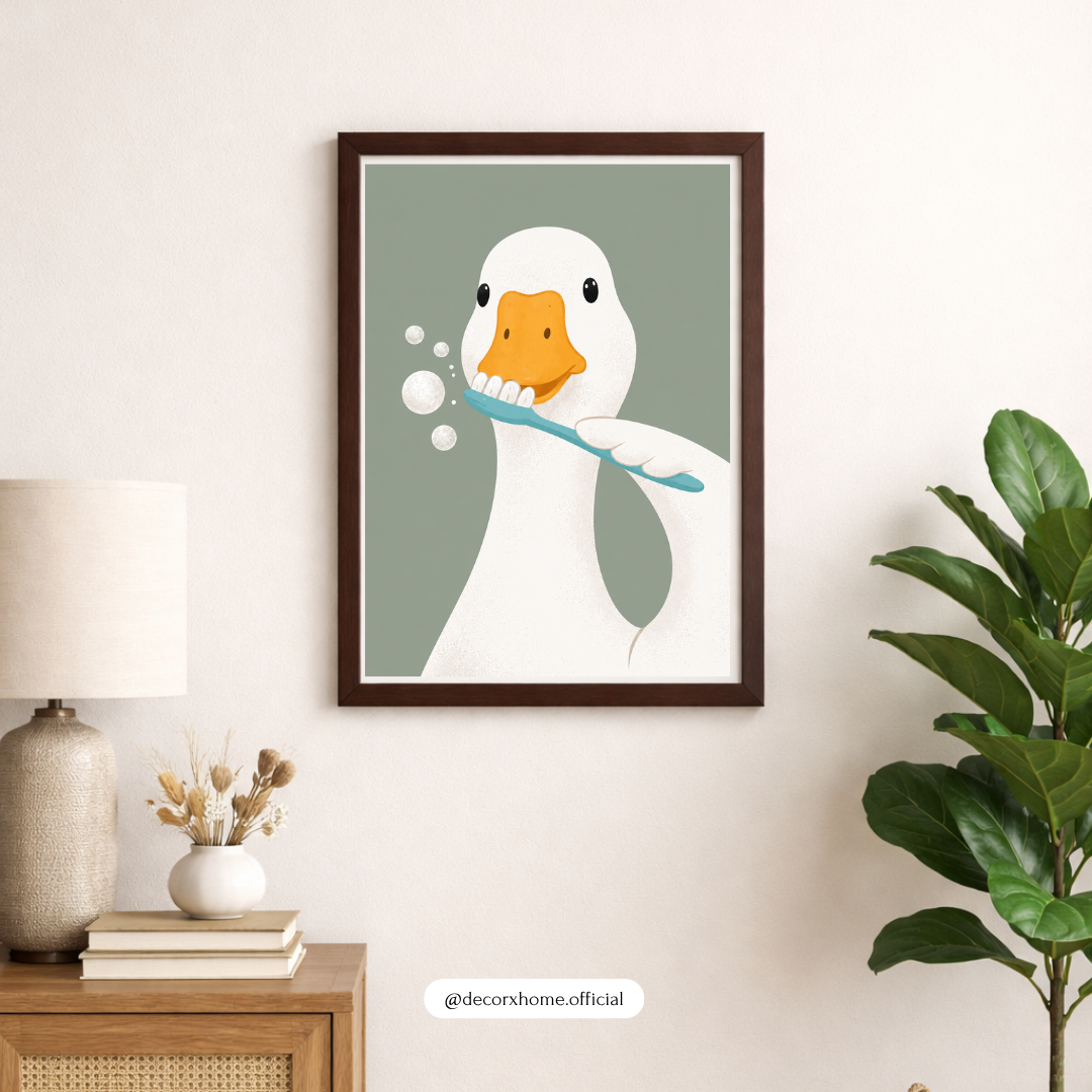 Brushing Duck Poster | Cute Bathroom Duck Wall Art for Modern & Kids Decor – Decorxhome