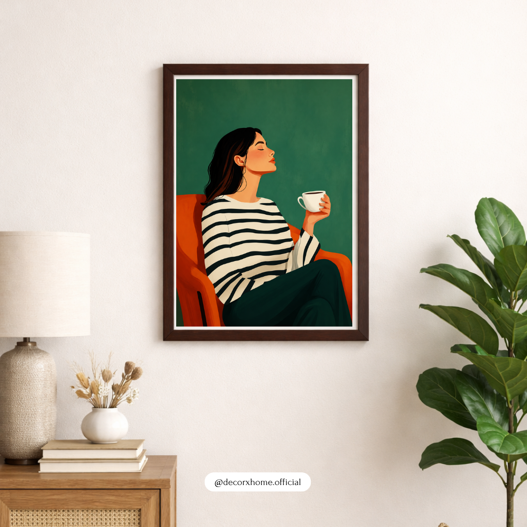 Morning Coffee Bliss – Modern Minimal Woman Portrait Wall Art Poster | DecorxHome