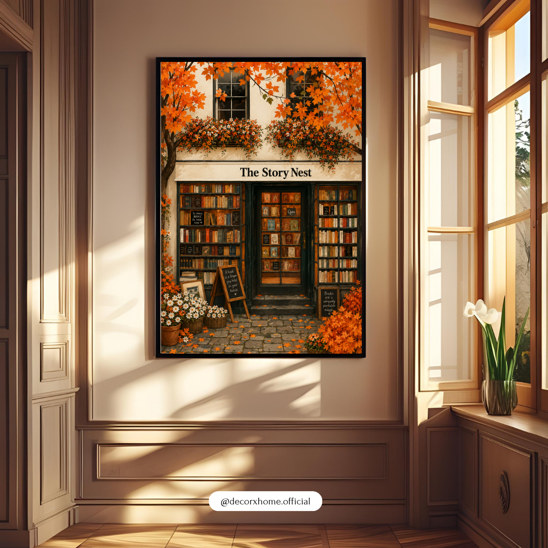 The Story Nest Bookstore Poster – Cozy Autumn Bookshop Wall Art