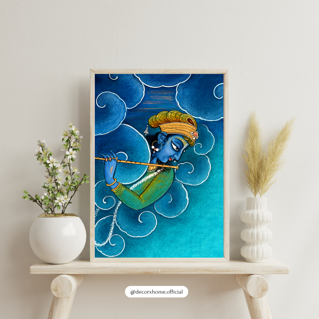 Divine Krishna Playing Flute Wall Art | Blue Krishna Poster & Framed Artwork