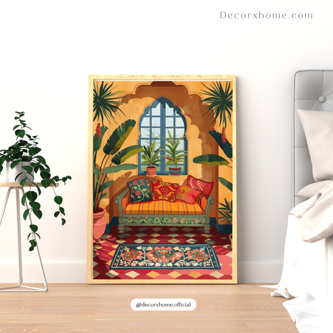 Boho Sunset Lounge Poster – Vibrant Cozy Interior Art Wall Decor