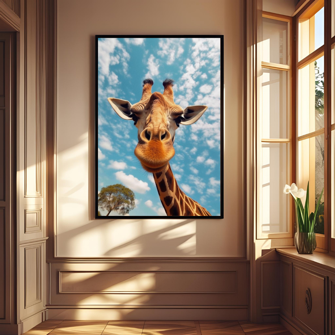 Playful Giraffe Wall Art – Framed Animal Print for Home & Office Decor
