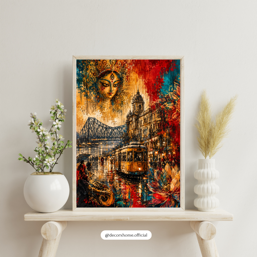 Kolkata Heritage Wall Art Poster | Maa Durga, Howrah Bridge & Vintage Tram – Decorxhome