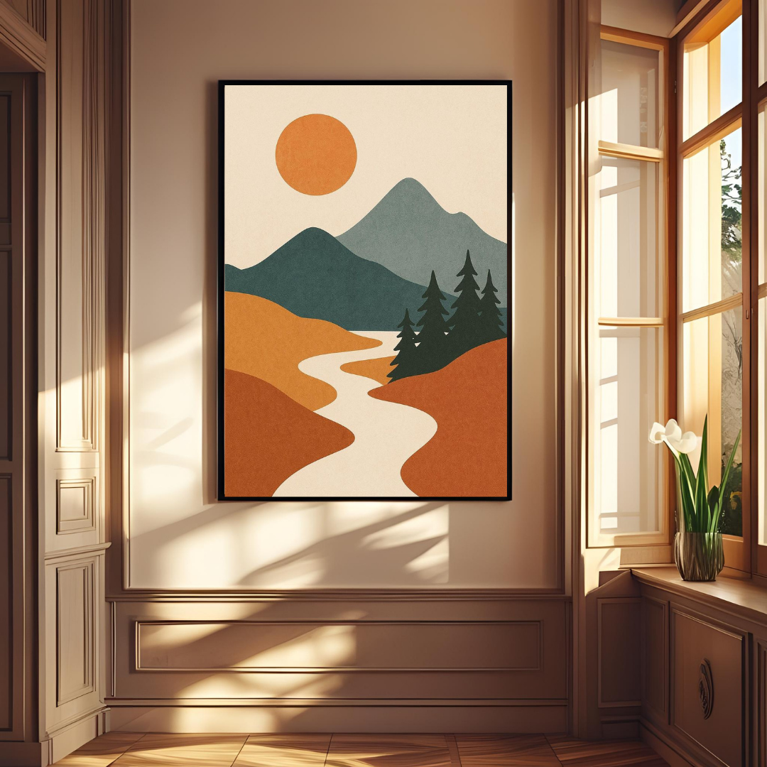 Boho Mountain Landscape Wall Art with Frame – Minimalist Nature Print for Modern Living Room, Bedroom & Office Decor