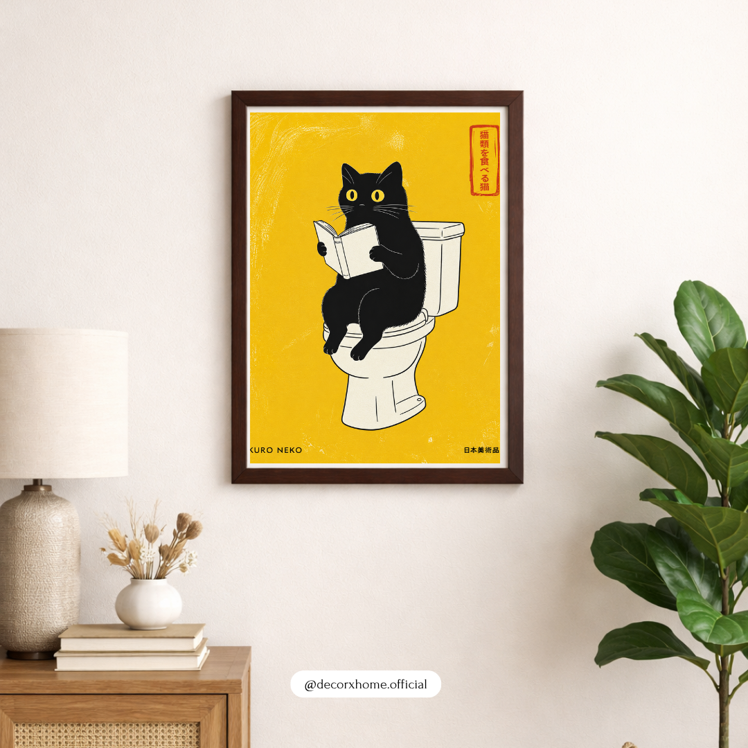 Kuro Neko Reading Cat Toilet Poster | Quirky Minimal Wall Art for Bathroom & Living Space – Decorxhome